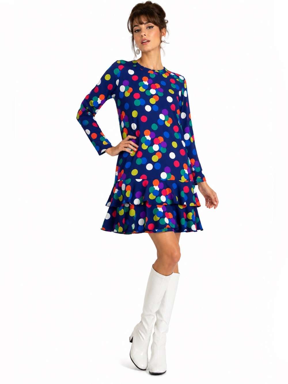 Vintage Ms Chaus Colorful Polka Dot Ruffle Hem Dress Mod Retro Size 6 NWT